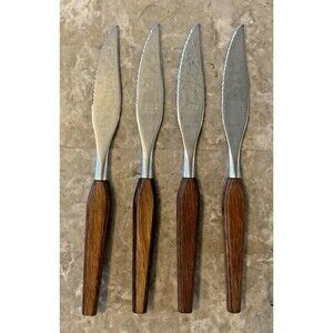 VTG Fleetwood Designer Steak Knives Stainless Steel MCM Teak Wood Handle Set 4